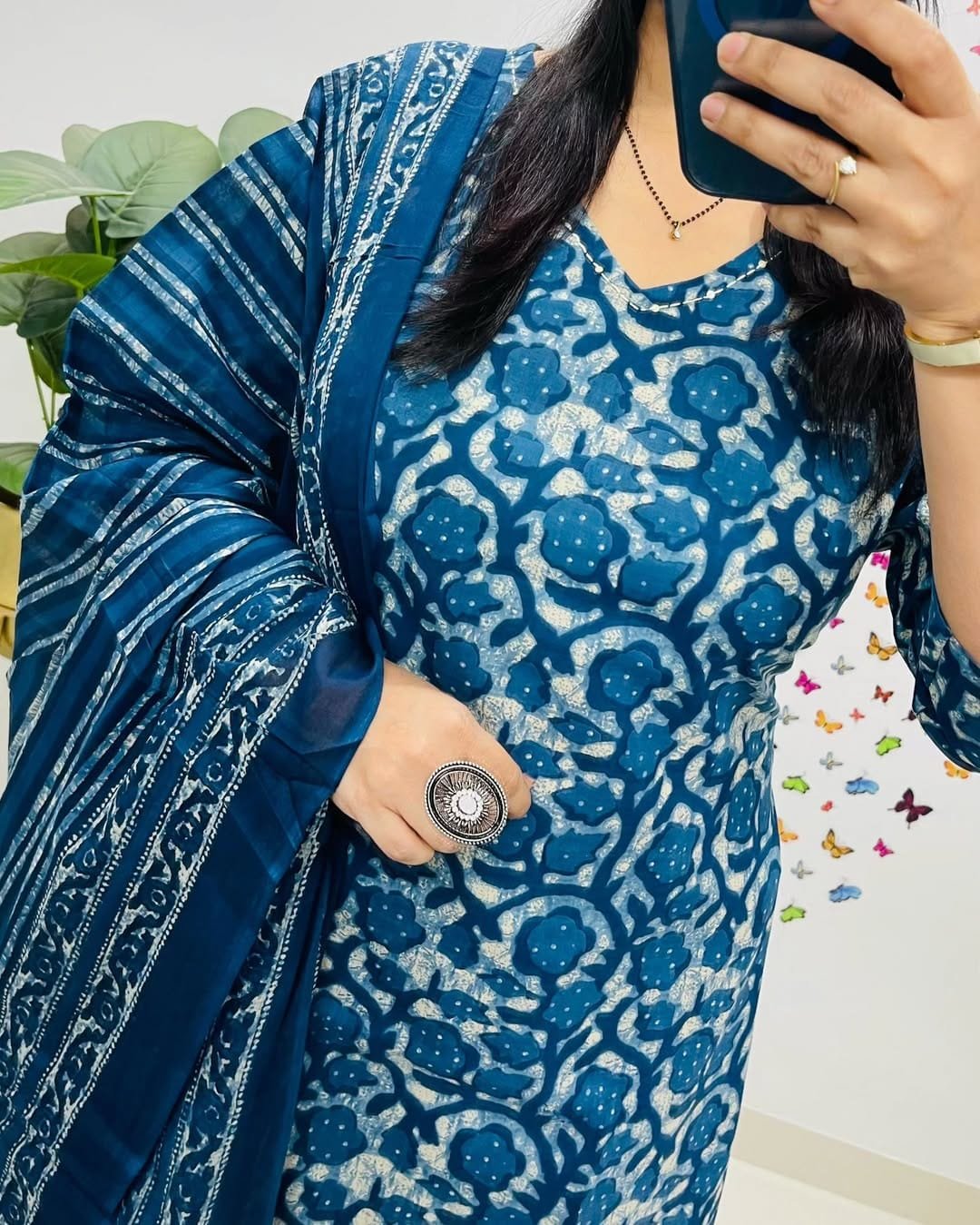 Printed Cotton Kurta Pant Dupatta Set